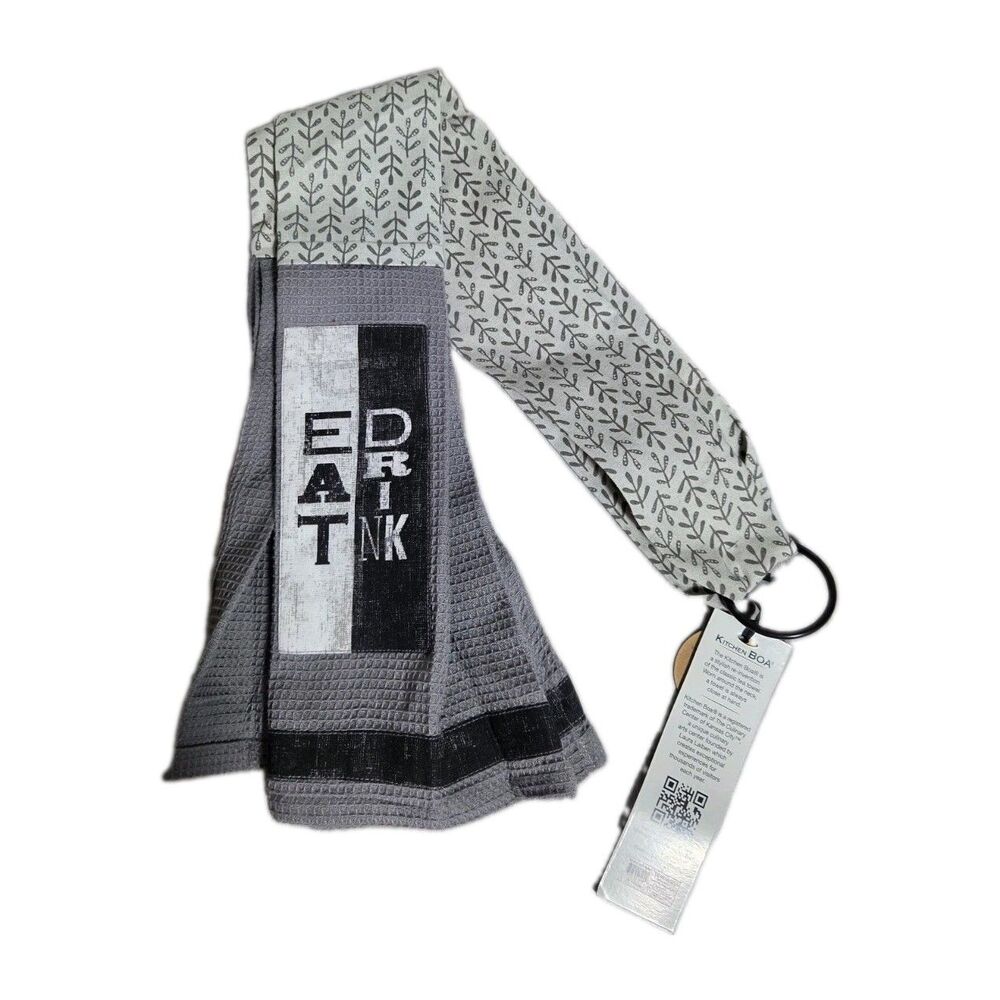 NWT Kitchen Boa Eat Drink Neck Kitchen Towel Gray Cotton Waffle Demdaco